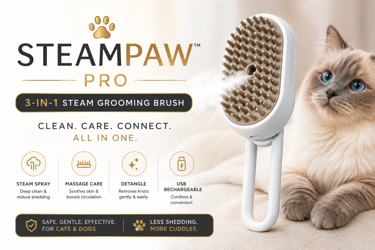 SteamPaw™ Pro – 3-in-1 Pet Grooming Brush