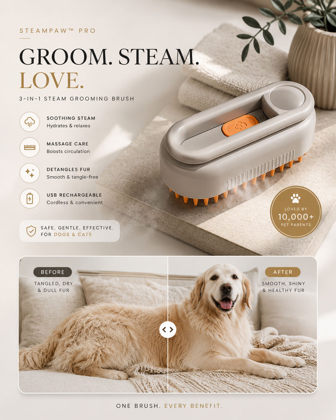SteamPaw™ Pro – 3-in-1 Pet Grooming Brush